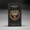 Enamel pin packaging for 'The Outlast Trials' with a dark background