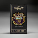 Enamel pin packaging for 'The Outlast Trials' with a dark background