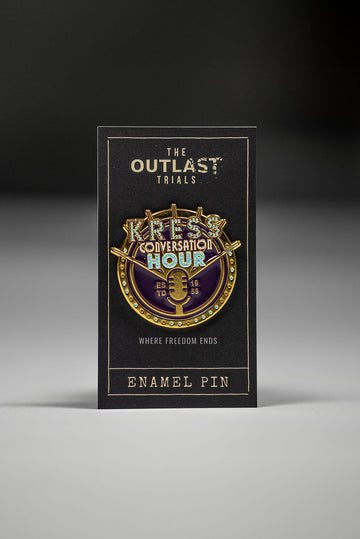 Enamel pin packaging for 'The Outlast Trials' with a dark background